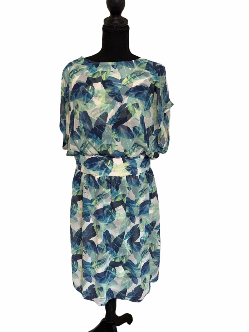 H by Halston Blue and Green Leaf-Print Blouson Dress